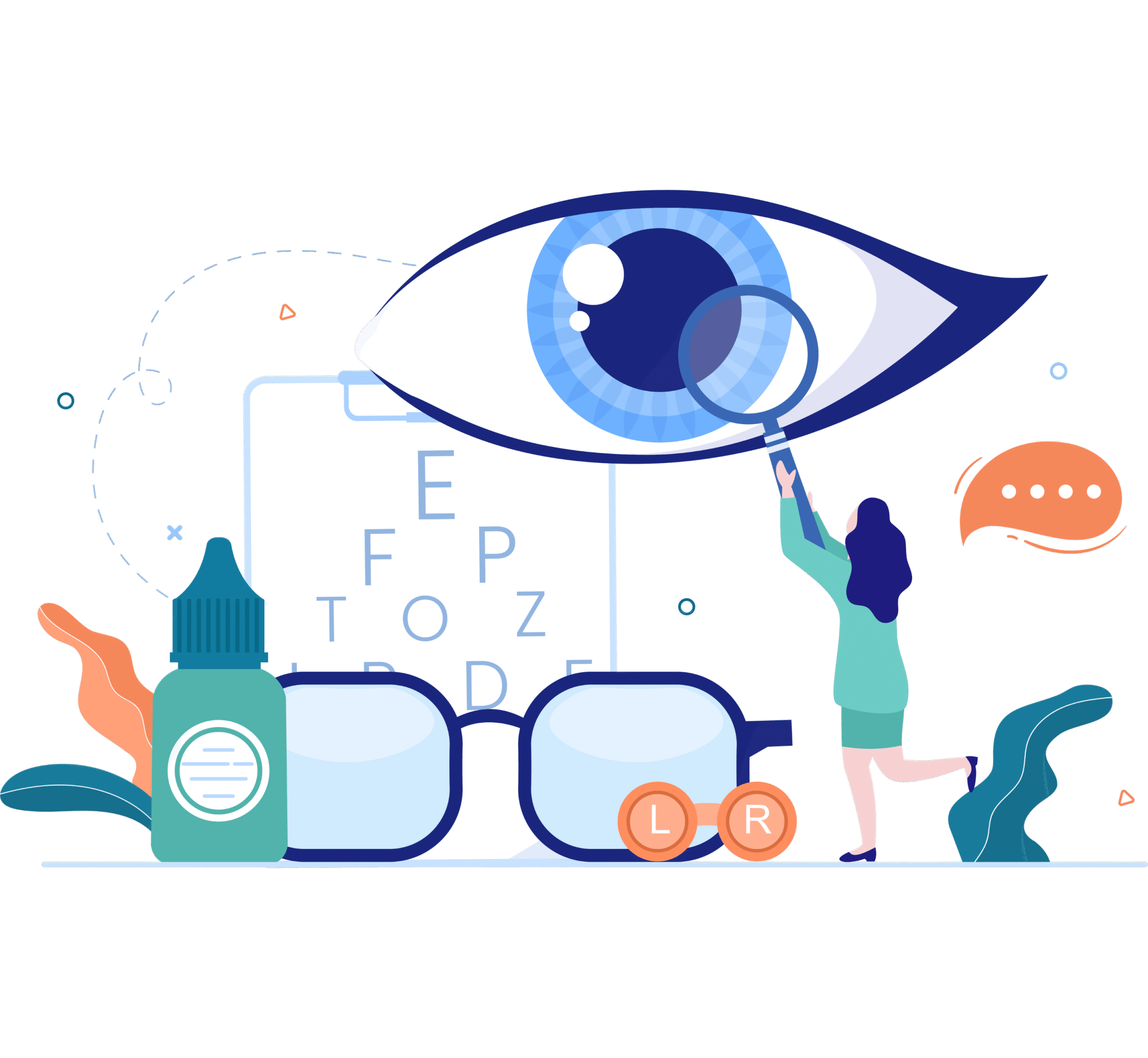 Ilustración de varios elementos como gafas, un ojo, colirios y más elementos relacionados con la visión.