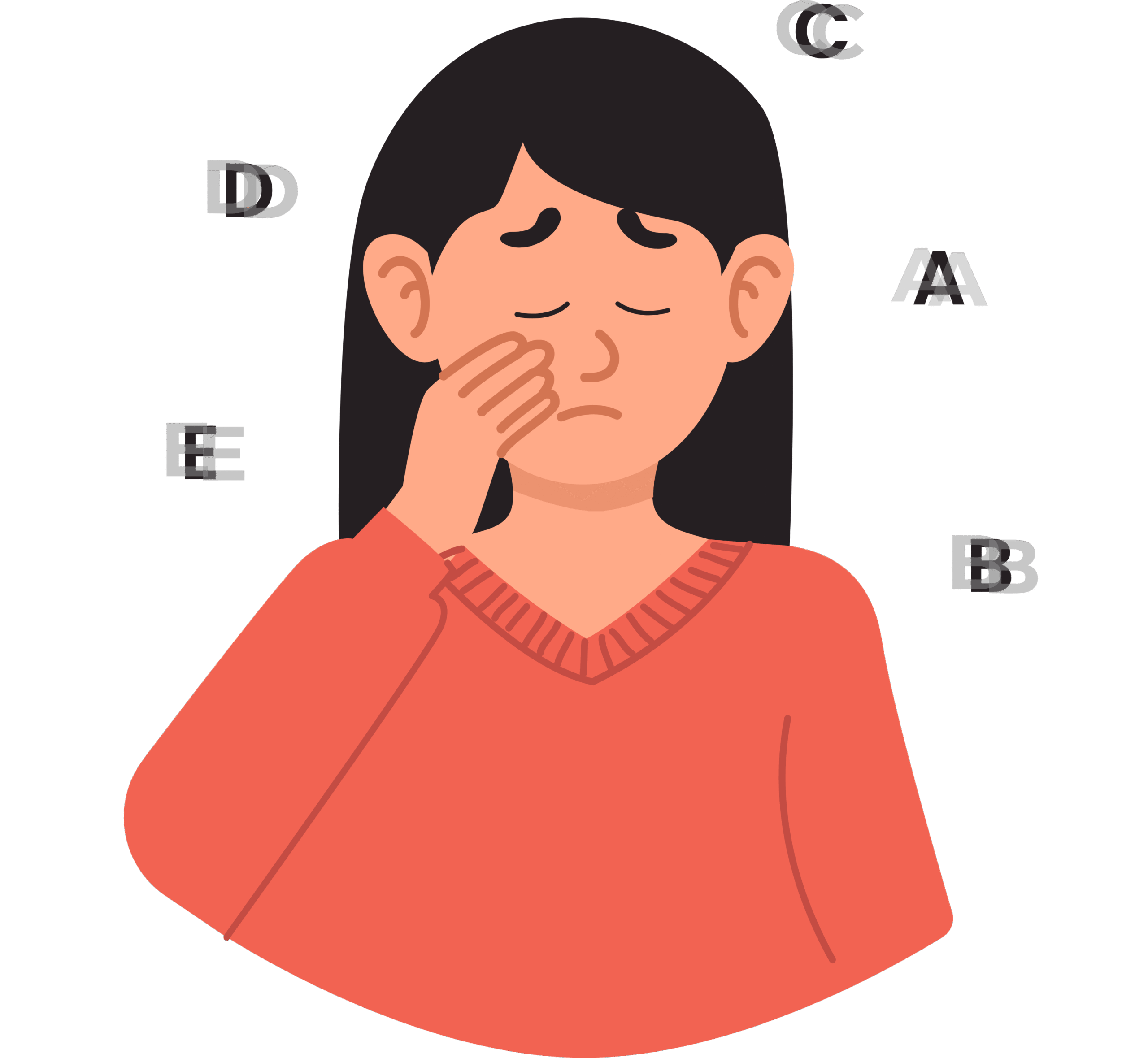 Ilustración de una mujer que no ve bien. Tiene letras alrededor borrosas