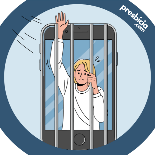 Ilustración de un móvil emulando un calabozo y dentro una mujer encerrada